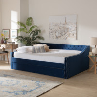 Baxton Studio CF9228 -Navy Blue Velvet-Daybed-QT Baxton Studio Raphael Modern and Contemporary Navy Blue Velvet Fabric Upholstered Queen Size Daybed with Trundle